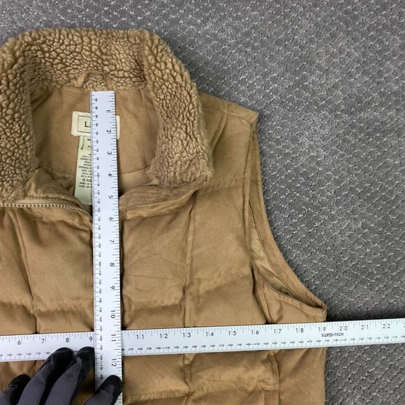 LL Bean Goose Down Puffer Vest Women's Medium Petite Tan Sherpa Collar Full Zip - Picture 7 of 10